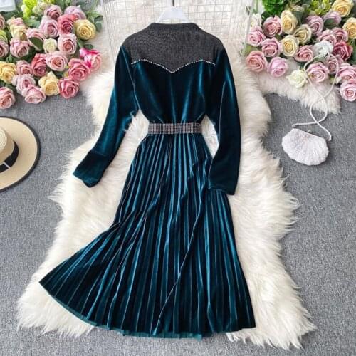 Women Elegant Long Dress 2020 Autumn Winter Half turtleneck Gold velvet dresses Long Sleeve Slim Pleated Party Dress Vestidos