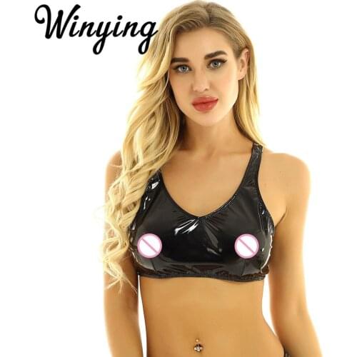 Womens Wet Look Black Patent Leather Sexy Lingerie Crop Top Wide Shoulder Straps Open Cups Nipples Hole Design Erotic Bra Tops