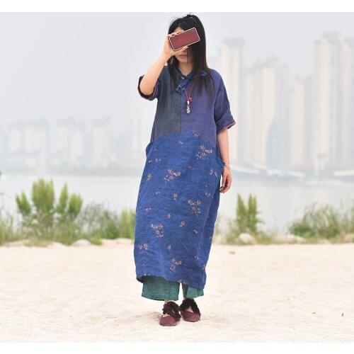 Women Loose Patchwork Print Ramie Dress Ladies Vintage Linen Ramie Spliced Dresses Female 2020 Summer Autumn Robe Dress