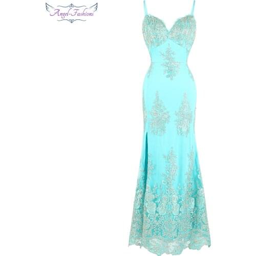 Angel-fashions Spaghetti Strap Embroidery Floral Evening Dress long Mermaid Wedding Party Gown Sky Blue 432