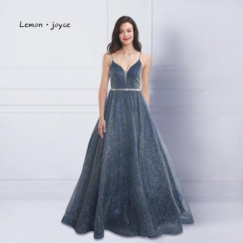 Lemon joyce Sequin Evening Dresses Long Sexy V-neck Backless A-line Dresses Woman Party Night robe de soiree
