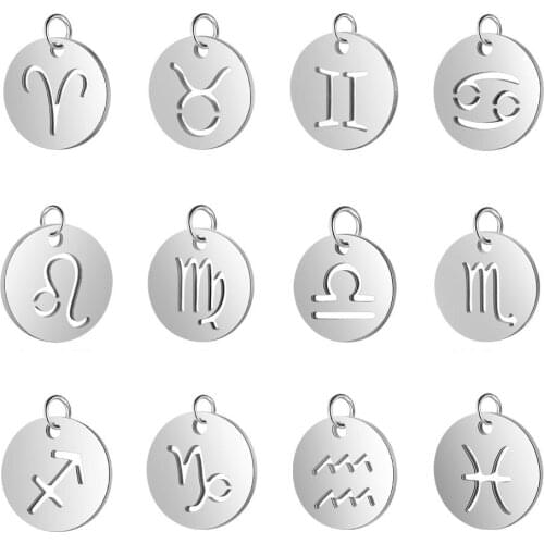 10pcs/Lot 12mm Stainless Steel Zodiac Charm Pendants for Jewelry Making Never Fade 12 Signs Constellation Stainless Steel Charms