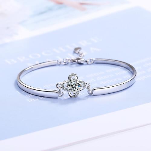 925 Sterling Silver Bracelet Lucky Clover Crystal Chain Linked For Women charm bangle Jewelry Gift Pulseira