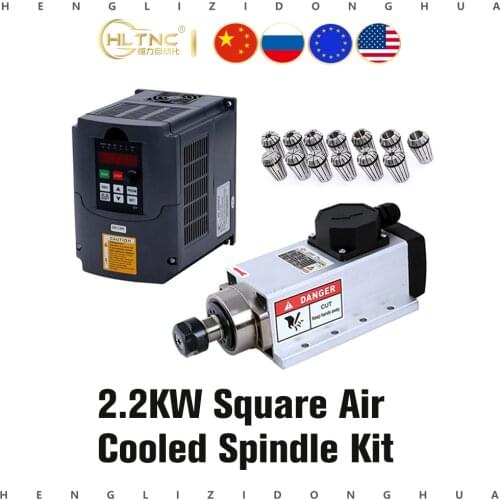 CNC 220V 380V 2.2KW Square Air Cooled Spindle 2200w Air-cooled Milling Spindle + VFD Inverter + 13pcs/set ER20