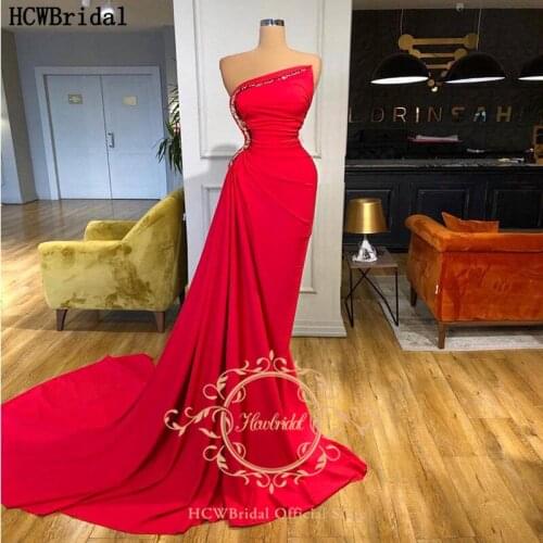 Long Train Red Arabic Evening Dress Strapless Elastic Satin Plus Size Prom Party Gowns Sexy Women Special Occasion Dresses