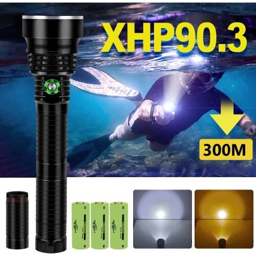 300M Professional Diving Flashlight 18650 XHP90.3 Yellow Light Diving Light IPX8 Waterproof Light Rechargeable Underwater Torch