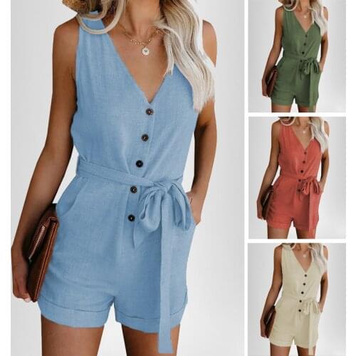 Jumpsuit Women Summer Clothes Off Shoulder Belted Tunic Sleeveles Playsuit Solid Casual V Neck Short Jumpsuits 2021 Plus Size