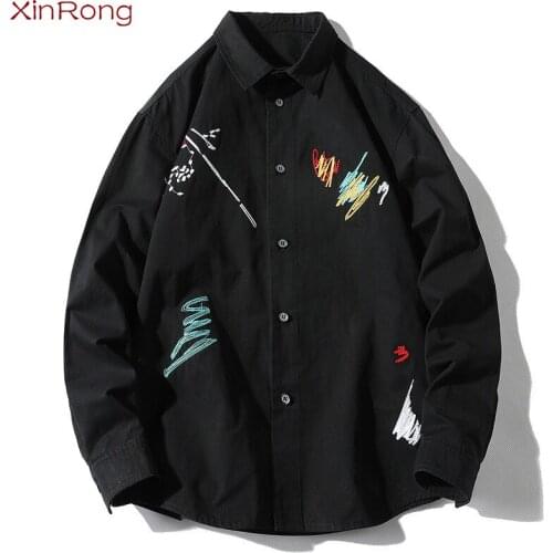 Korean Version Of The Spring And Autumn New Trend Large Size XXXXL Cardigan Lapel Mens Shirt Long-sleeved Shirt Graffiti Mens