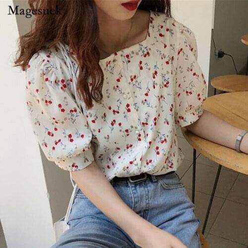 Summer Floral Print Woman Tops Korean New Square Collar Womens Blouse Puff Short Sleeve Sweet Loose Chiffon Shirt Blusas 14355
