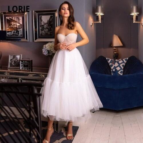 LORIE Short Wedding Dresses Sweetheart Pleats Tea Length Ruffled Tulle Wedding Gown Girl Wedding Party Bride Dress 2021