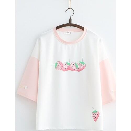 Kawaii Sweet Strawberry Print T-shirt Female Short Sleeve Cute Graphic Tees Women Tops Girls Japanese Cotton Summer White Shirt
