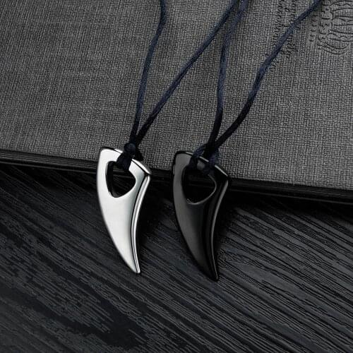Mens Black Wolf Teeth Alpha Spear Pendant Metal Wolf Tooth Tribal Necklace in Stainless Steel Leather Cord Necklace