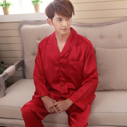 Mens rayon pajama sets gentlemans faux silk long-sleeve pijamas male pyjamas homewear nightwear sleep lounge nightgowns