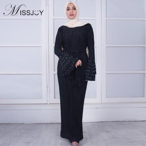 MISSJOY Pearl Dress Turkish Maxi Dress Flare sleeve women Dress Pleated Islamic Fashion abayas robe muslim National costu Casual