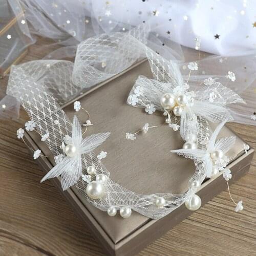 Bridal Headpieces White Grenadine Handmade Pearl Headband Headwear Vintage Wedding Hair Styling
