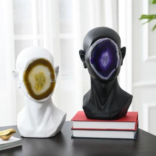 MODERN ABSTRACT HUMAN HEAD INLAID WITH NATURAL AGATE PIECES SCULPTURE STATUE RESIN FIGURINE CRAFTS HOME DECOR ACCESSORIES GIFT