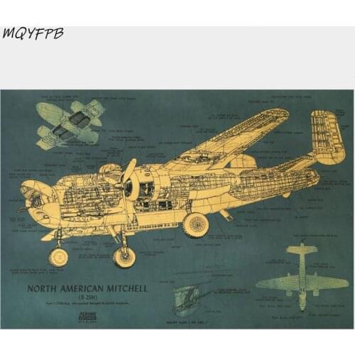 Medium Bomber North American Mitchell B-25H Design Drawing Kraft Paper Poster Wall Sticker Home Decoration Painting 50.5x35 cm