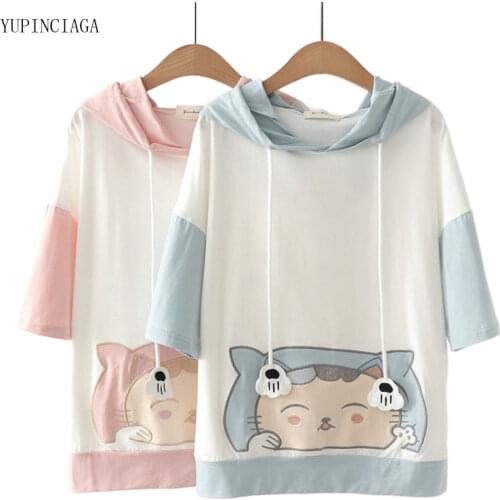 Harajuku Hoodie Cute Cartoon Cat Embroidery Hooded Sweatshirts 2020 Summer Thin Sweet Style Cotton Short Sleeve Pullover 2115079