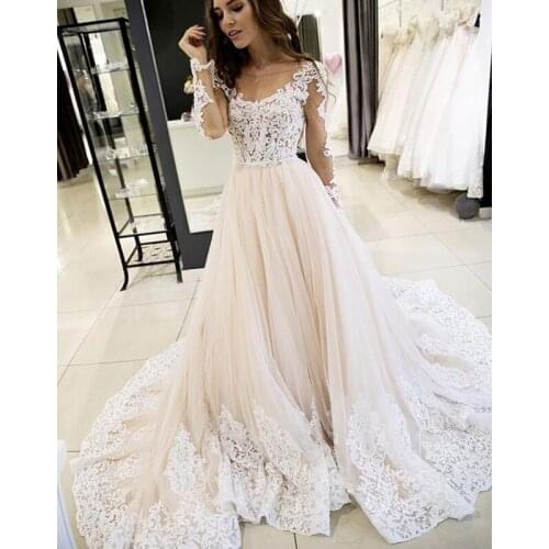 Tulle A Line Wedding Dresses with Long Sleeve Lace Bodice and Hemline Sheer Jewel Neck Wedding Dress Bridal Gowns