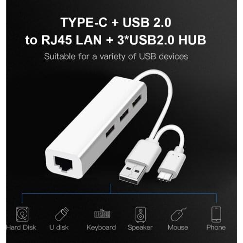 USB Hub USB 3.1 Type C USB 2.0 Type A to 3 Port USB 2.0 RJ45 Adapter for PC Notebook Smartphone Expansion Converter