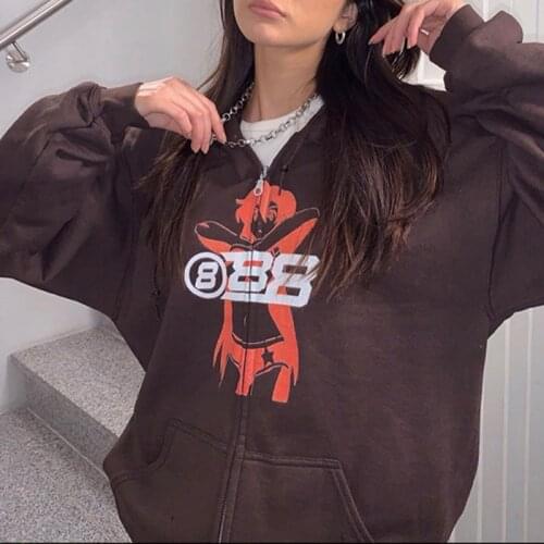 90S vintage brown zipper hoodie autumn womens casual long sleeve Oversize outerwear y2k streetwear Harajuku hooded sweatshirt