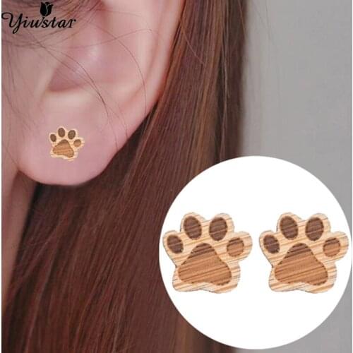 Yiustar Cute Cat And Dog Print Stud Earrings Small Wooden Earrings For Women Bijoux Piercing Jewelry Boho Tiny Animal