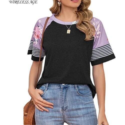 WIRELESS AGE T Shirt Women Short Sleeve Round Neck Flowers Stripe Printed Loose Casual Womens Tops 2021 New Summer Fashion Wild