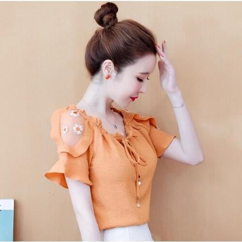 Womens Spring Summer Style Chiffon Blouses Shirt Womens Elegant Bow O- neck Short Sleeve Off Shoulder Casual Tops SP248