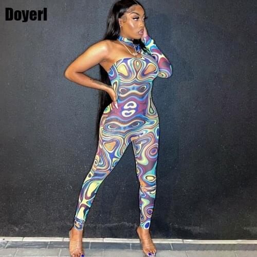 One Shoulder Sexy Bodycon Rompers Womens Jumpsuit Workout Club Outfits Overalls for Women Elegant Sheer Mesh Party Jumpsuit 2021