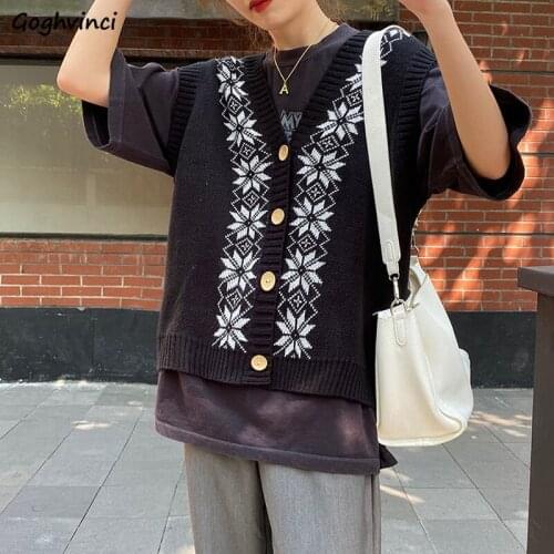 Sweater Vest Women Design Elegant Floral Button-up V-neck Loose-fit Knitted Sleeveless Sweaters All-match Korean Fashion Femme