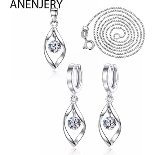 ANENJERY 925 Sterling Silver Jewelry Sets Zircon Twist Water Drop Necklace+Earrings For Women Gift