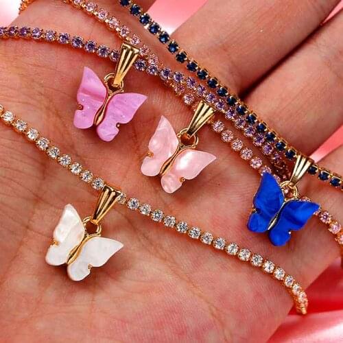 JUST FEEL Charm CZ Tennis Chain Butterfly Pendant Necklaces for Women Korean Fashion Clavicle Choker Necklaces Wedding Jewelry
