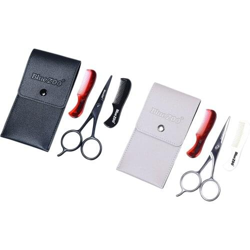 3pcs Beard Hair Styling Scissor Shaping Grooming Combs Set Curved Mustache Nose Ear Hair Remover Scissor Trimmer PU Leather Bag