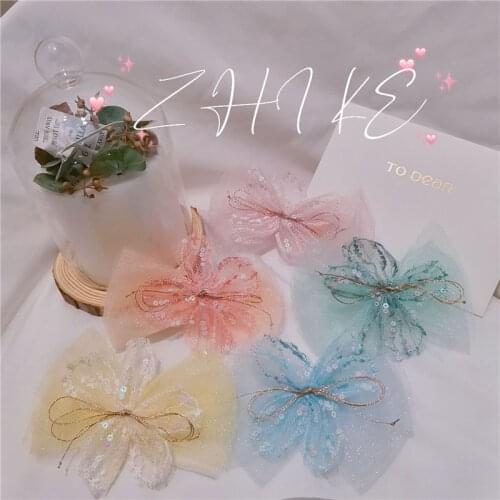 5Pcs/Lot 12CM Sequin Mesh Fabric Bowknot Appliques For Children Headwear Hair Clip Accessories And Garment Patches