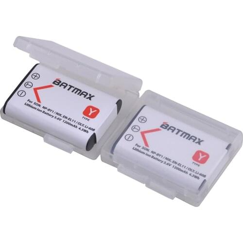 Batmax 2pcs 1200mAh NP-BY1 EN-EL11 Li-60B NP BY1 Battery for Sony HDR-AZ1VR AZ1 AZ1V AZ1VR Sport Action Cam Mini Camcorder