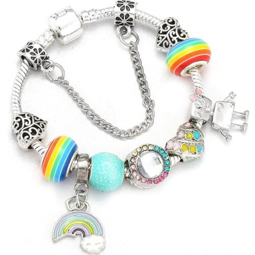 Colorful Rainbow Charm Ladies Bracelet Charm Pendant With Silver-Plated Snake Bone Chain, Brand Bracelet Childrens Jewelry Gift