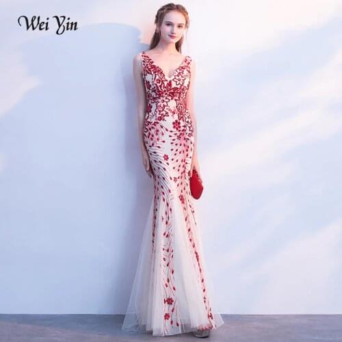 Weiyin Long Sparkle Evening Dresses V-Neck Mermaid Sequined Long Evening Dresses Fashion Prom Party Dresses Robe De Soiree