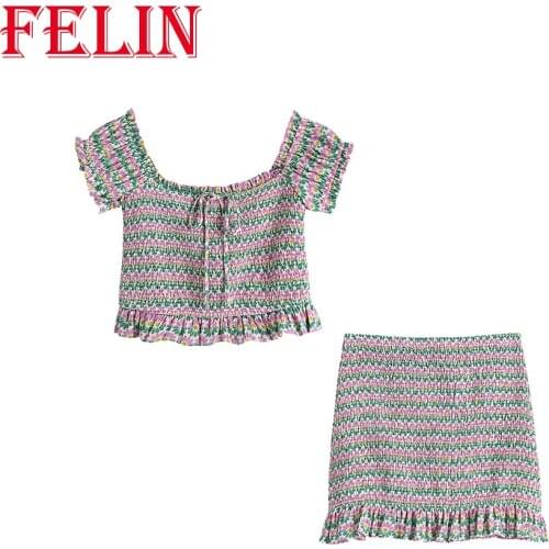 FELIN Women New Summer Suit Za 2021 Streetwear Honeycomb Plaid Print Skirt Suit Short Sleeve Style Fashion Vestidos Traje