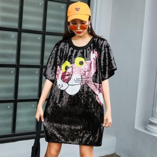 Oversized Women Short Sleeve T-Shirt 2021 Summer Sequin Black Silver Cartoon T-Shirt Female Casual Loose Shining Top