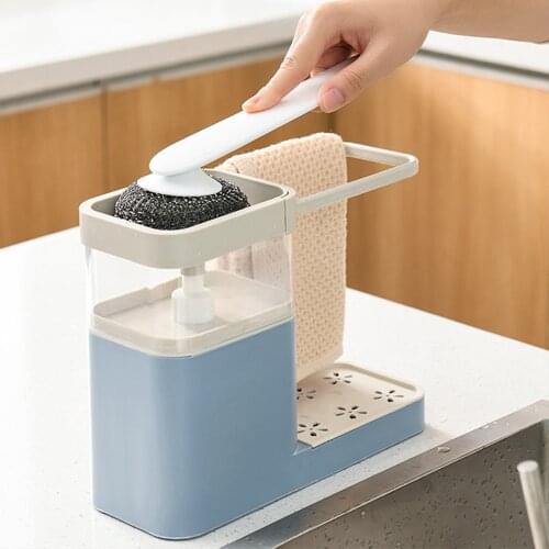 2-in-1 Sponge Drain Soap Dispenser With Sponge Pump Dispenser Wipe Arrangement Rack Dish Towel Hanger Kitchen Storage Holder