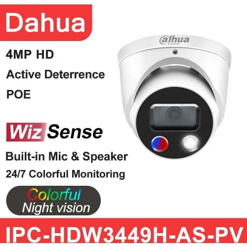 Dahua IP Camera 4MP Full-Color WizSense Active Deterrence IPC-HDW3449H-AS-PV Built-in mic Audio I/O Vehicle human SD IP Camera