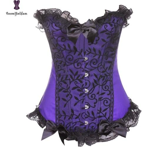 Corset Lace Up Overbust Top Korset Elastic Boned Waist Bustier Plus Size 6XL Solid Purple Gorset Busk Korsett