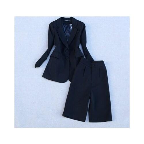 Fashion suit suit female spring fall New high-quality black casual suit slim coat women + Five points pants two-piece set women