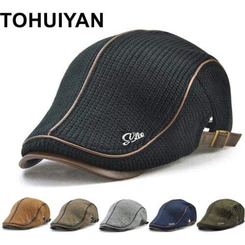 TOHUIYAN Knitted Wool Newsboy Cap Men Winter Warm Hat For Male Duckbill Visor Flat Caps Boina Cabbie Hats Classic Baker Boy Hat