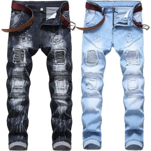 Men’s Distressed motor jeans slimming elastic biker jeans pants dot paint prints black jeans men