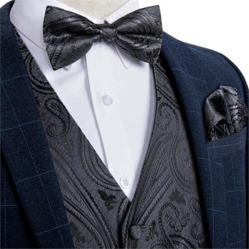 Mens Black Paisley Fashion Wedding Silk Waistcoat Vest For Men Bowtie Hanky Cufflinks Cravat Set for Suit Tuxedo DiBanGu MJ-117