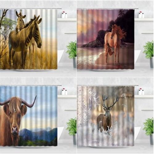 Farm Animals Shower Curtain Set Horse Zebra Highland Cow Elk Autumn Rural Scenery Decor Bathroom Waterproof Bath Curtains Hooks
