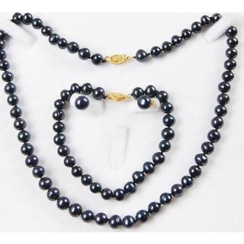 7-8MM Black Genuine Natural Cultured Pearl Necklace Bracelet Earring Set