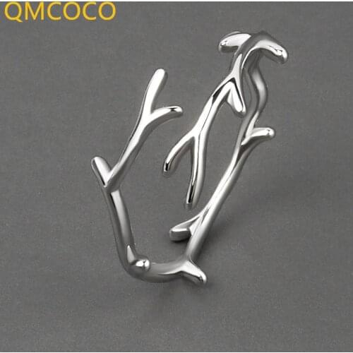 QMCOCO Simple Branch Leaf Thin Ring 925 Silver Open Adjustable Ring For Women Girls Trendy Fashion Finger Jewelry Party Gifts
