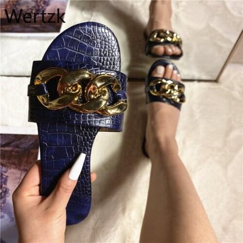 Summer Fashion Women Slip-On Leather Open Toe Gold Chain Square Heels Breathable Slippers Sandals Outdoor Slides Beach Shoes